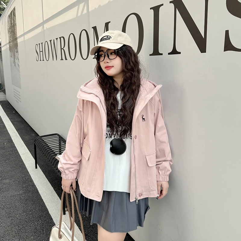 DC7037大码女装【酷枫潮牌风衣】春季新款连帽小鹿刺绣休闲工装外套