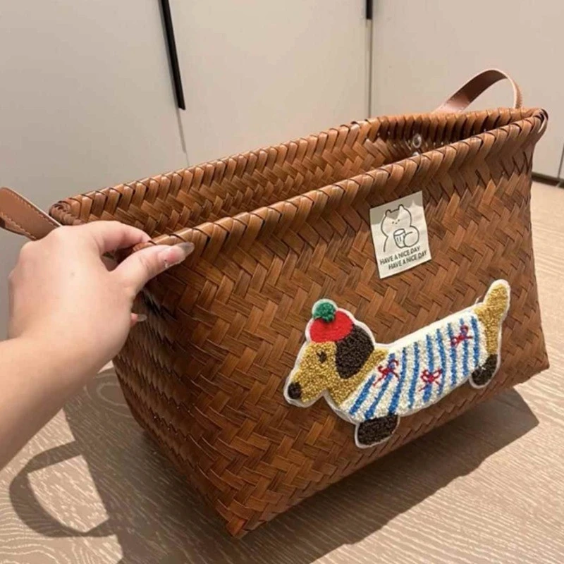 复古手工编织收纳筐腊肠小狗家用防水卧室衣柜衣服整理卡通收纳篮