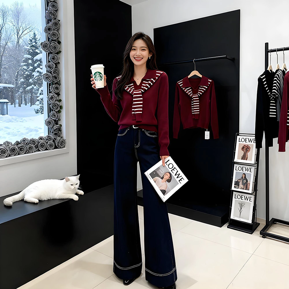 秋季2025新款时髦洋气披肩毛衣针织衫牛仔宽松直筒裤套装爆款女装