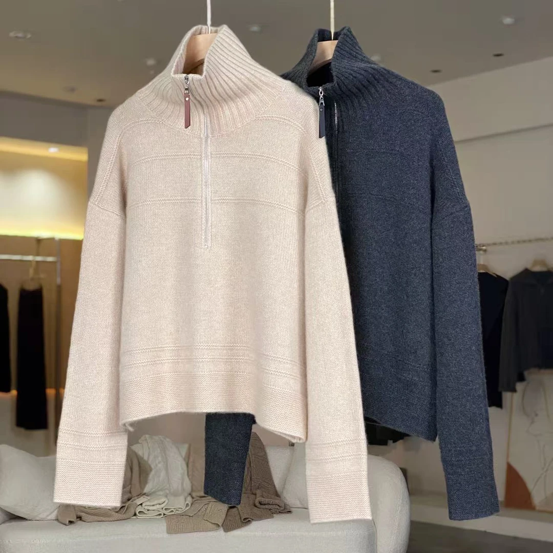 MeraxMer100%山羊绒半拉链领针织卫衣毛衣·厚款高领翻领羊绒衫