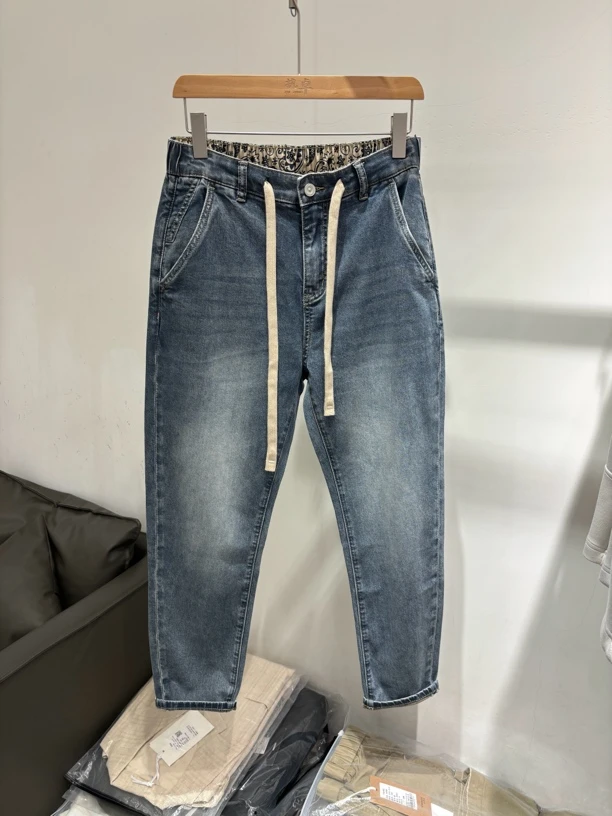 男士夏季高品质重工水洗薄料弹力微宽松锥形松紧带牛仔裤3632