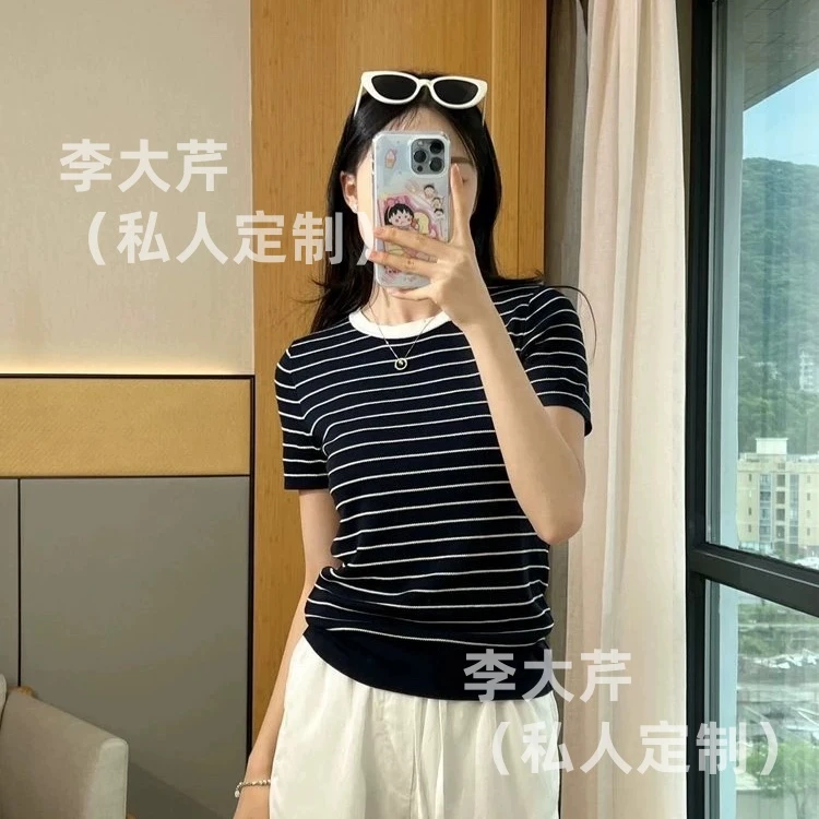 老钱风撞色条纹上衣  夏季薄款针织衫宽松显瘦精致圆领短袖