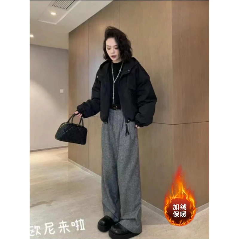 时尚高级感灰色毛呢裤女2026秋冬加绒加厚显瘦宽松百搭休闲阔腿裤