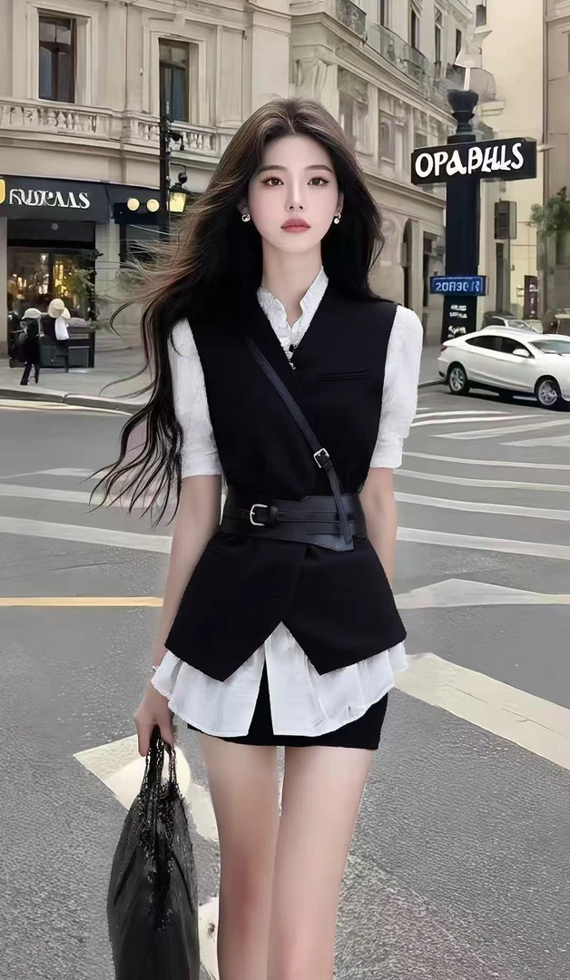 夏季时尚黑色拼接不规则短袖衬衫上衣+黑色百搭半身裙女两件套