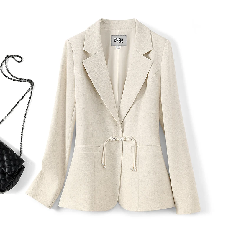 她池2025亚麻秋新款女盘扣设计优雅气质显瘦新中式西装T51B0355XA