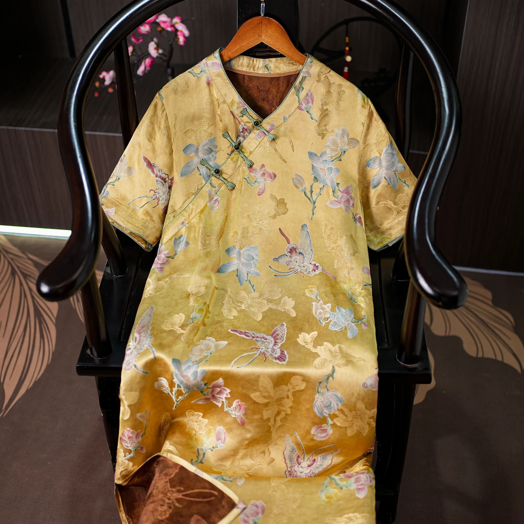 金枝玉叶·夏季新款国风中长款连衣裙宽松气质显瘦短袖刺绣旗袍女