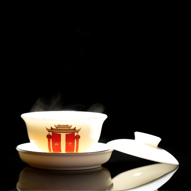 家用羊脂玉陶瓷盖碗茶盖碗德化白瓷泡茶碗功夫茶具三才碗盖杯单个