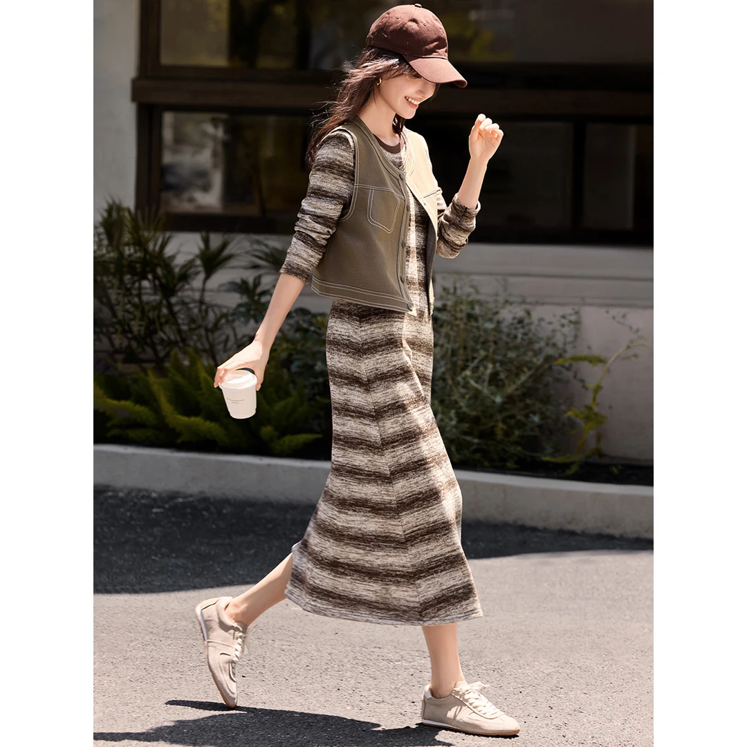 XWI/欣未丨条纹针织裙套装2025秋针织连衣裙+仿牛仔马甲两件套装