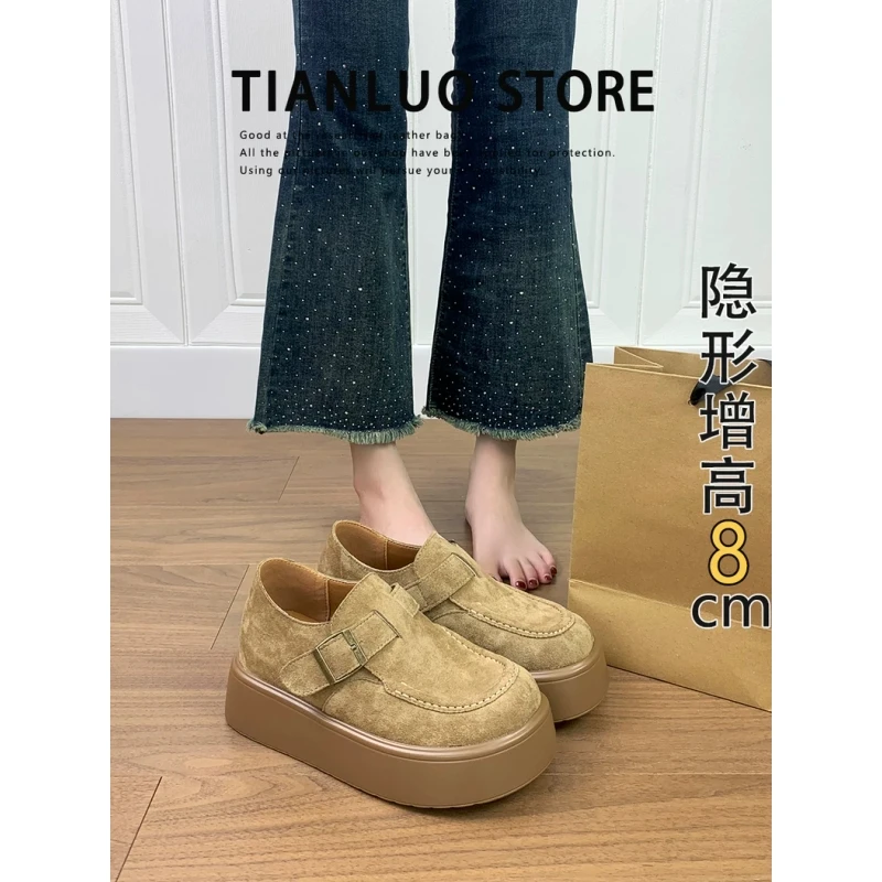 牛皮！内增高女鞋子松糕厚底勃肯鞋2025新款百搭小个子单鞋乐福鞋