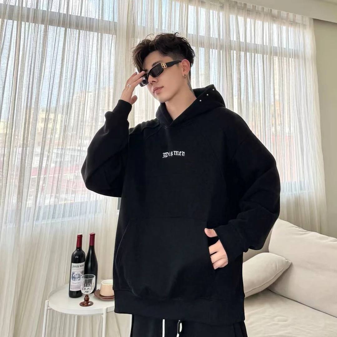 【YUZE】美式秋冬季加绒加厚字母刺绣保暖长袖连帽卫衣情侣K25307