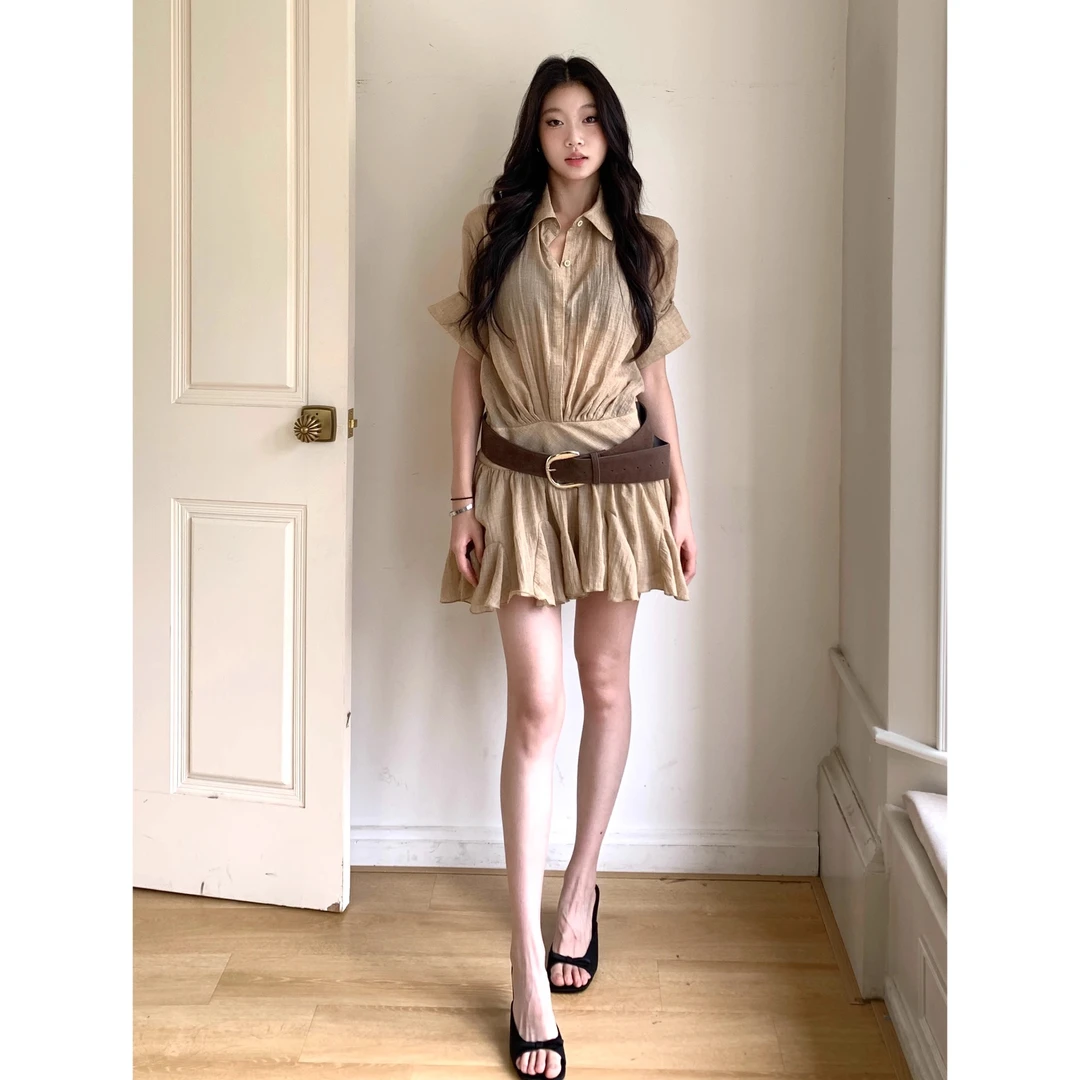 【椰影白沙】法式老钱风假两件衬衫连衣裙2025新款时尚收腰百褶短裙