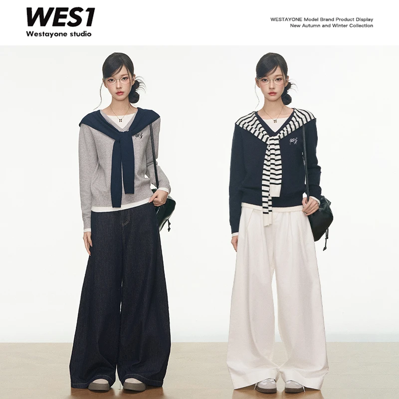 7.20 新品 WESTAYONE 假两件针织上衣女韩系通勤+牛仔裤