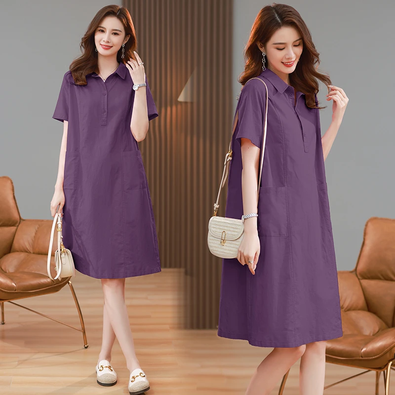 棉麻连衣裙女夏a字衬衫裙2025新款宽松休闲直筒高端亚麻胖MM裙子