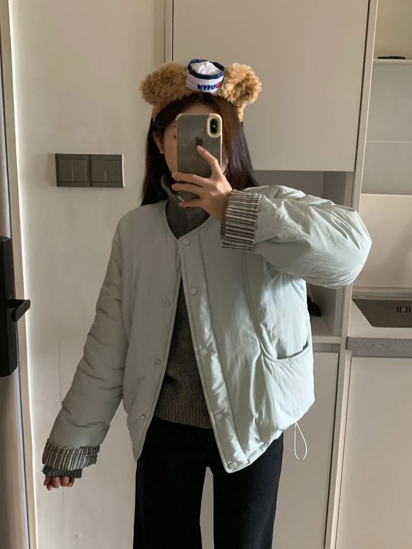 彩色系加绒加厚棉服女2024冬条纹撞色拼接外套棉衣