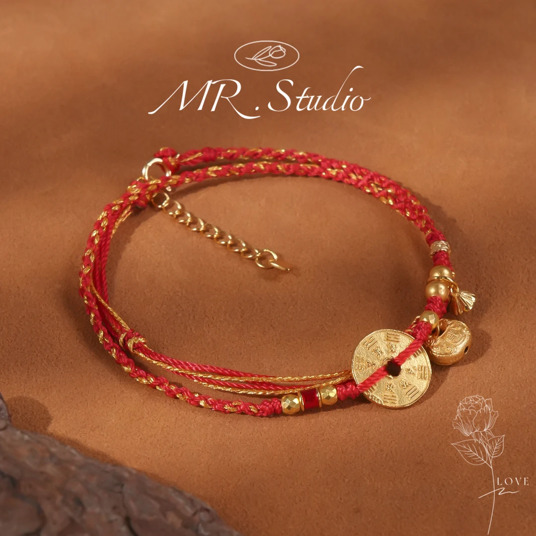 925银银制品 木润【山鬼红绳】s925银双圈红绳编绳手链