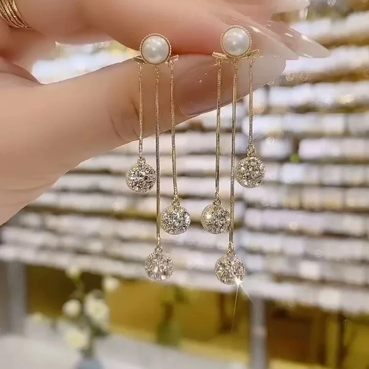 925银针锆石耳饰一款两戴珠珠流苏长款水钻精致耳饰