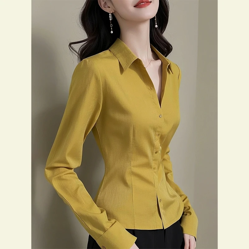 春季法式独特漂亮轻奢洋气冷淡系高级感时尚通勤黄色掐腰长袖衬衫