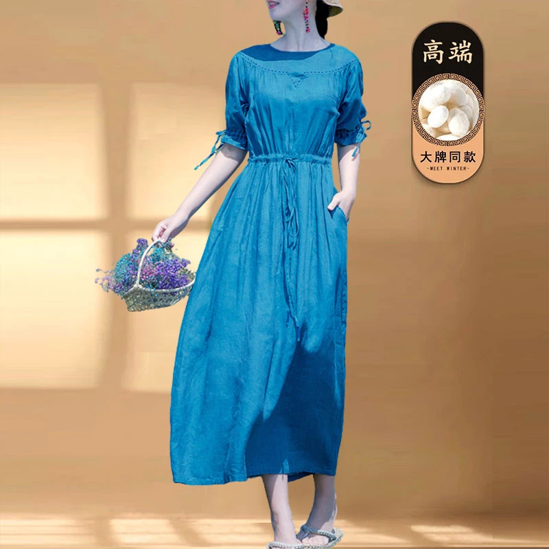 2025夏季时尚新款复古洋气民族风亚麻连衣裙女气质显瘦长裙打底裙