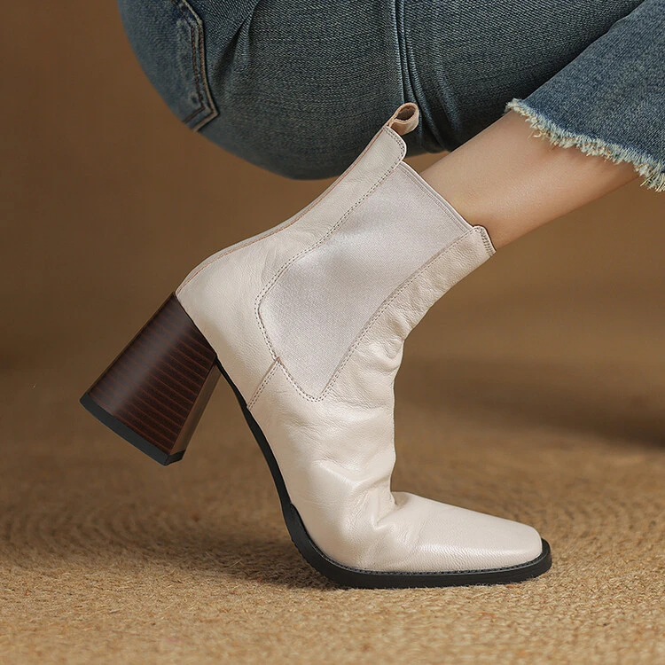 7.5cm~复古风真皮方头粗跟短靴女秋冬高跟及踝靴短筒显瘦切尔西靴