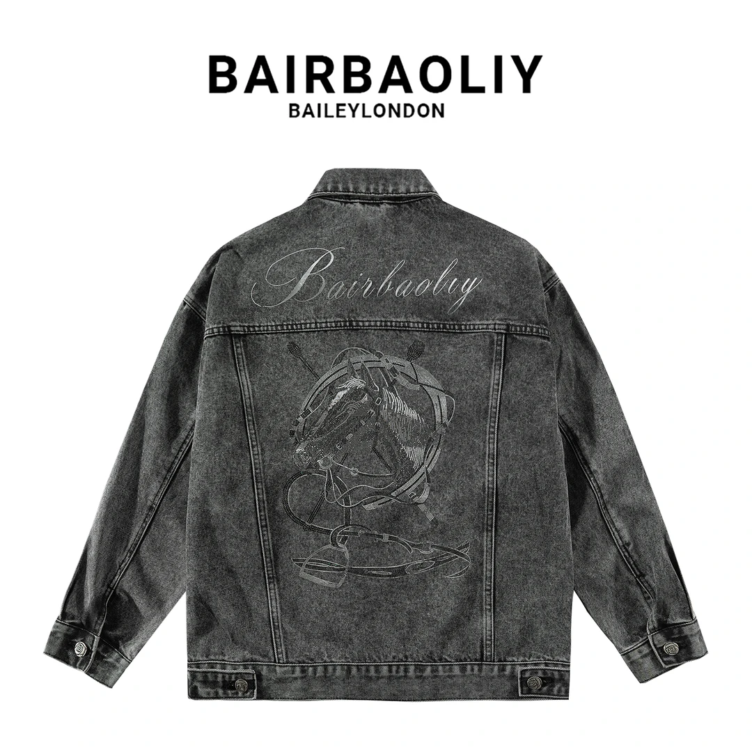 BAIRBAOLIY高级黑轻奢男士烫钻骏马翻领水洗复古休闲牛仔夹克外套
