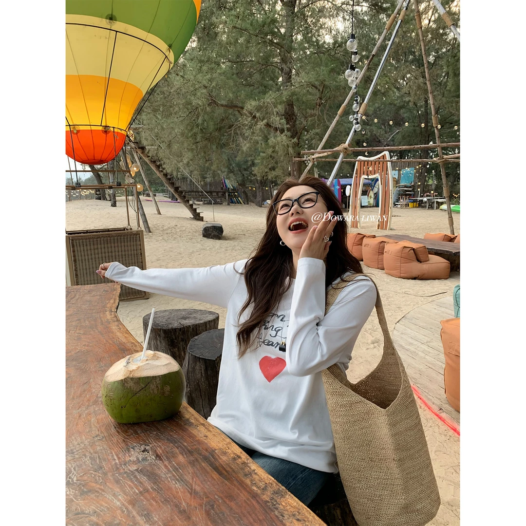 现货大婉酱微胖定制白色印花长袖T恤女韩系简约百搭显瘦上衣6488D