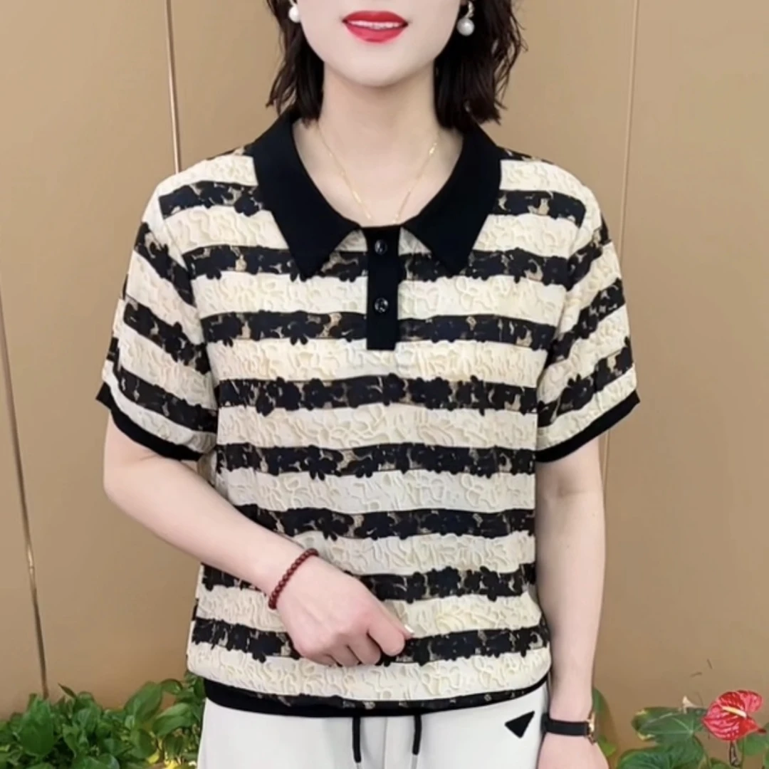 2025夏季新款印花时尚娃娃领抗皱条纹短袖气质翻领显瘦上衣Z8877