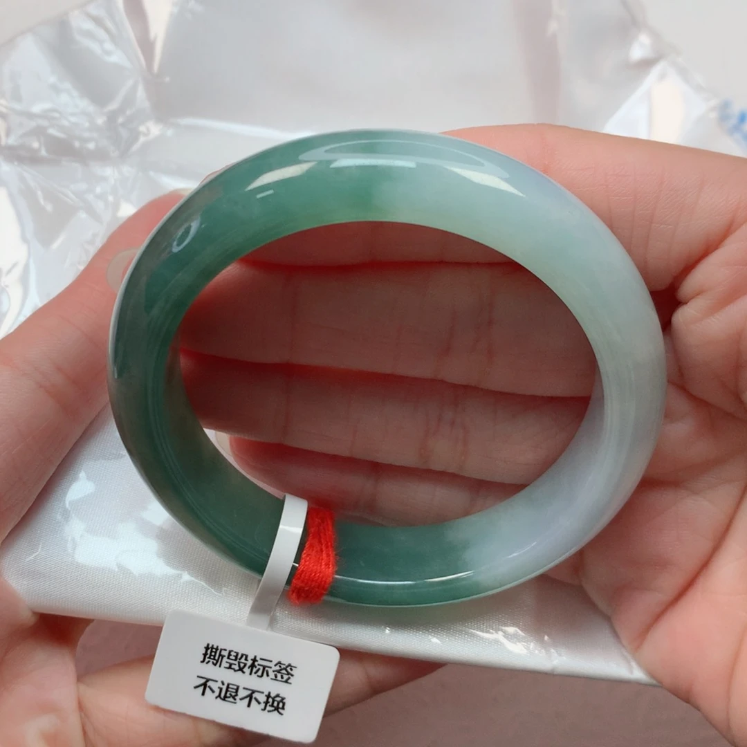 翡翠手镯未镶嵌53.8圈 半山水意境带抹紫 无纹裂推荐