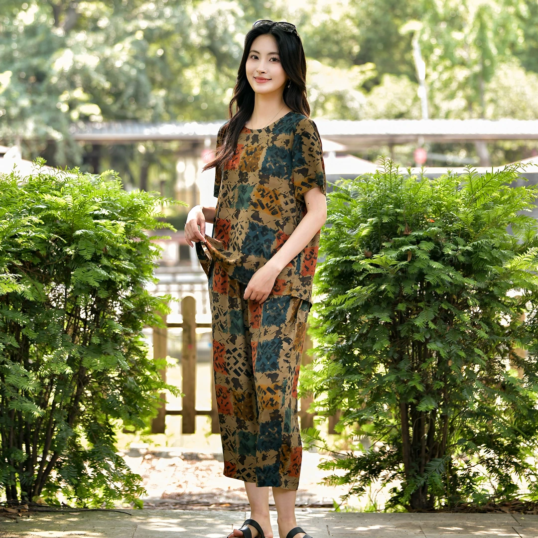 棉绸套装女2025夏季新款休闲人造棉绵绸宽松时尚外穿家居两件套