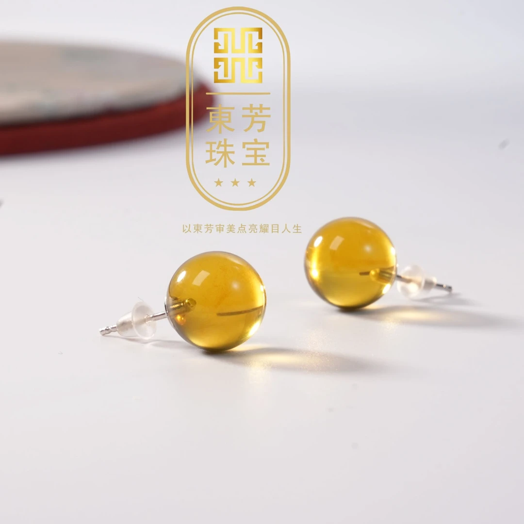 東芳珠宝-10mm墨西哥天然蓝珀耳钉琥珀耳钉通勤百搭时尚