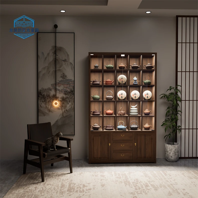 新中式茶杯茶具展示架实木紫砂壶收纳格子柜老榆木多宝阁置物架