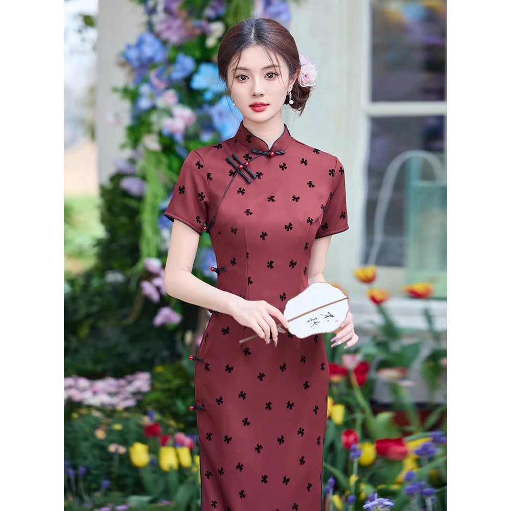 安哥拉红复古旗袍2025年新款旗袍日常国风文艺学生高考长款新中式