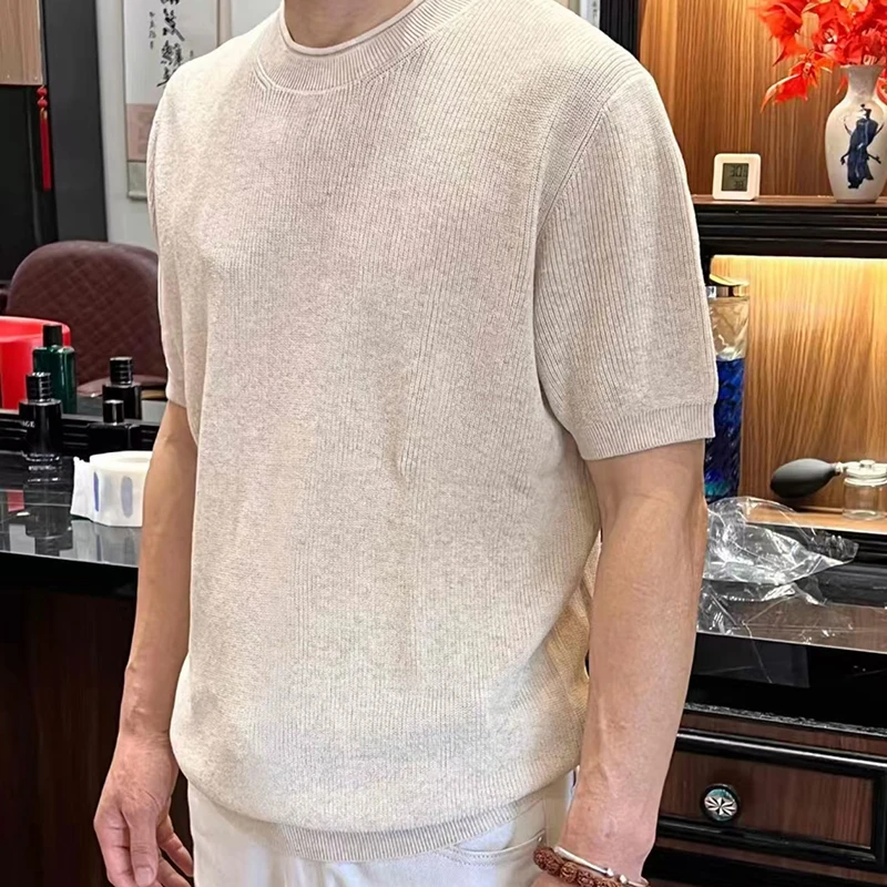 高定亚麻天丝 男士夏季圆领花纱针织短袖宽松时尚百搭透气老钱T恤