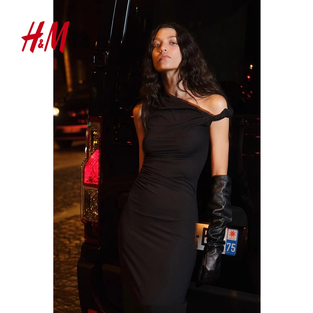 【达】HM女装2024冬季气质弹力汗布修身无袖扭结单肩连衣裙1265423