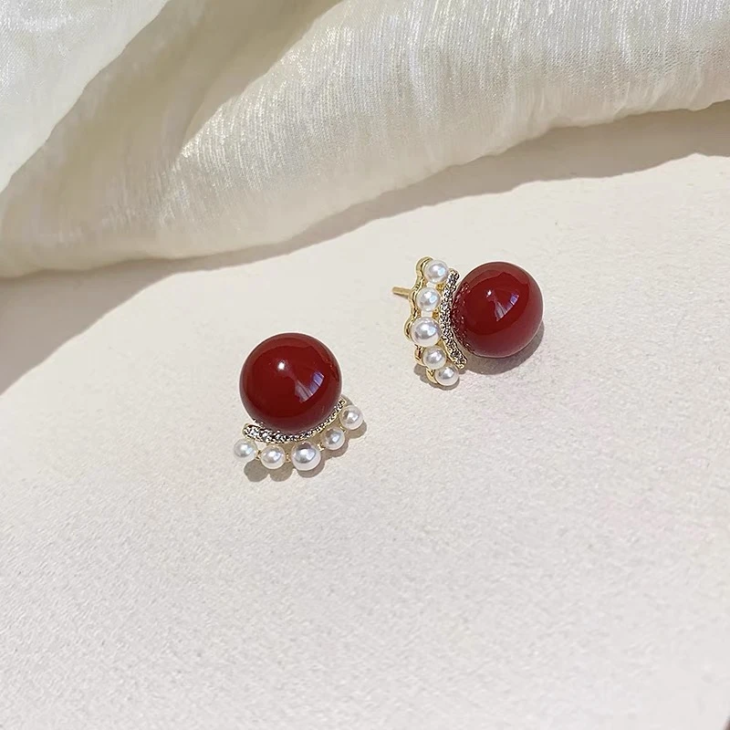 铜合金锆石耳饰 S094轻奢镶钻珍珠耳钉简约时尚红色银针气质耳饰