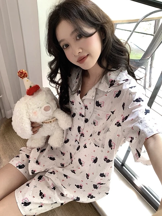 【樱桃黑猫】 可爱猫咪短袖睡衣女夏季舒适学生可外穿家居服套装