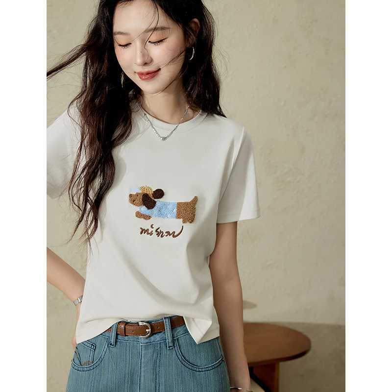 谜秀新品小狗刺绣T恤宽松棉质短袖圆领百搭显瘦卡通印花上衣白色