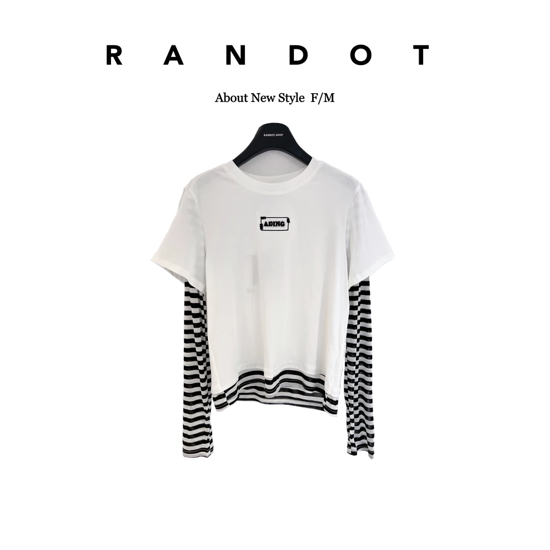RΛNDOT原创设计师款拼条纹防晒网纱袖假两件短袖T恤X3331