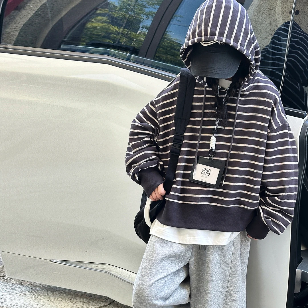女童卫衣秋季2025新款条纹帽衫6-12岁连帽宽松韩版15岁弯刀卫裤