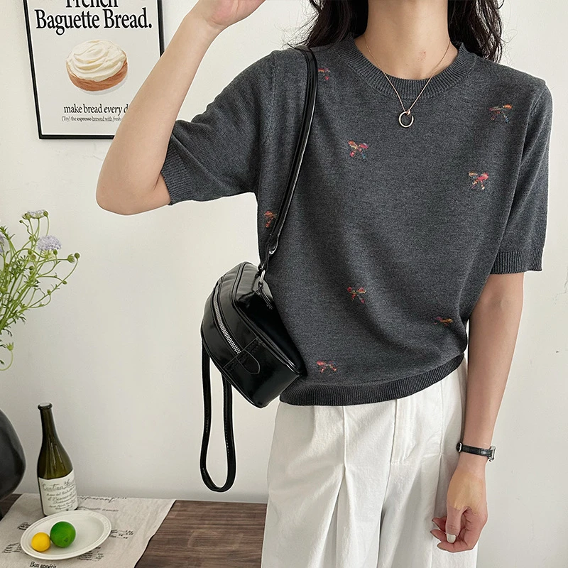 丝羊毛 夏女蝴蝶结薄款针织衫短袖t恤女2025新款高级感短款上衣