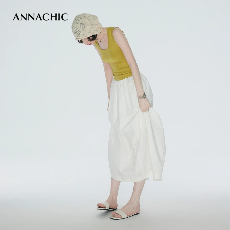 ANNACHIC遮肉神裙/白色立体花苞半身裙女夏松紧腰褶皱空气感半裙