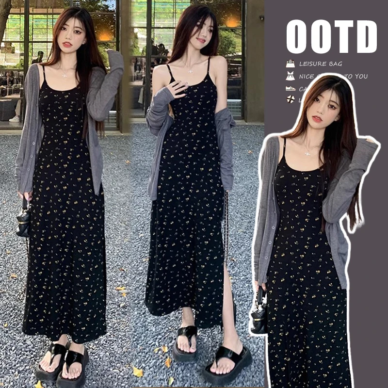 孕妇连衣裙夏装两件套新款复古休闲碎花吊带裙慵懒风长裙防晒开衫