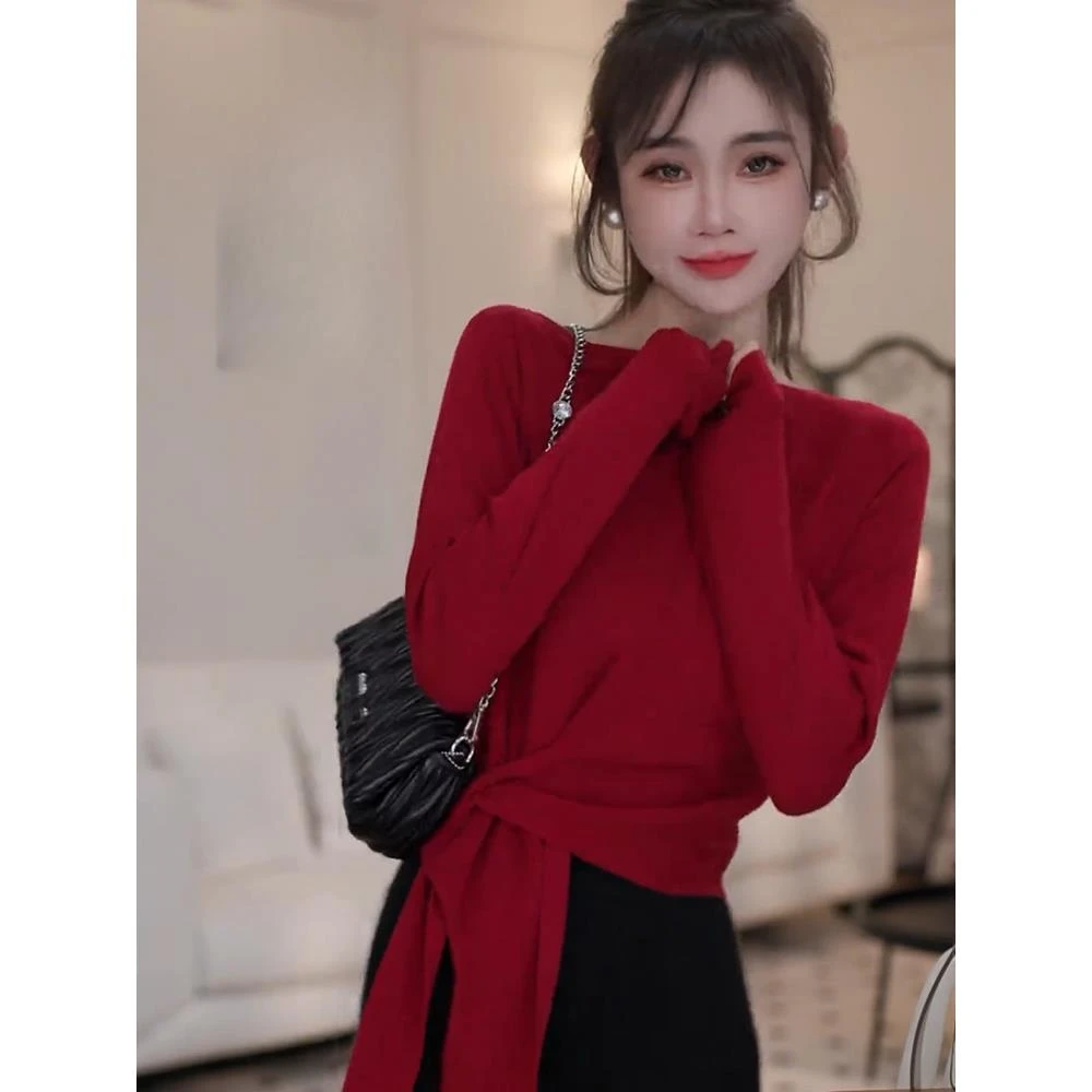 2025秋冬季新款气质毛针织衫女百搭毛衣绑带设计感洋气打底衫上衣