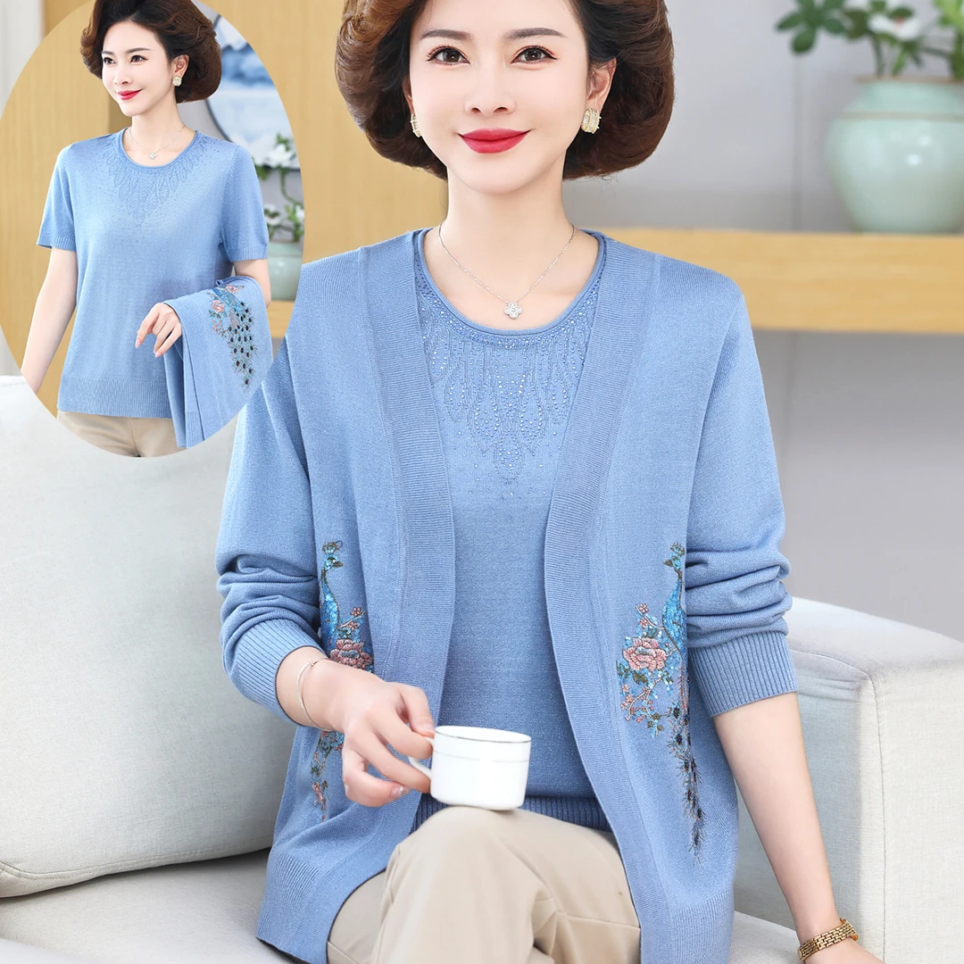 妈妈装短袖T恤中年女春秋时尚开衫中老年春装洋气薄款针织两件套