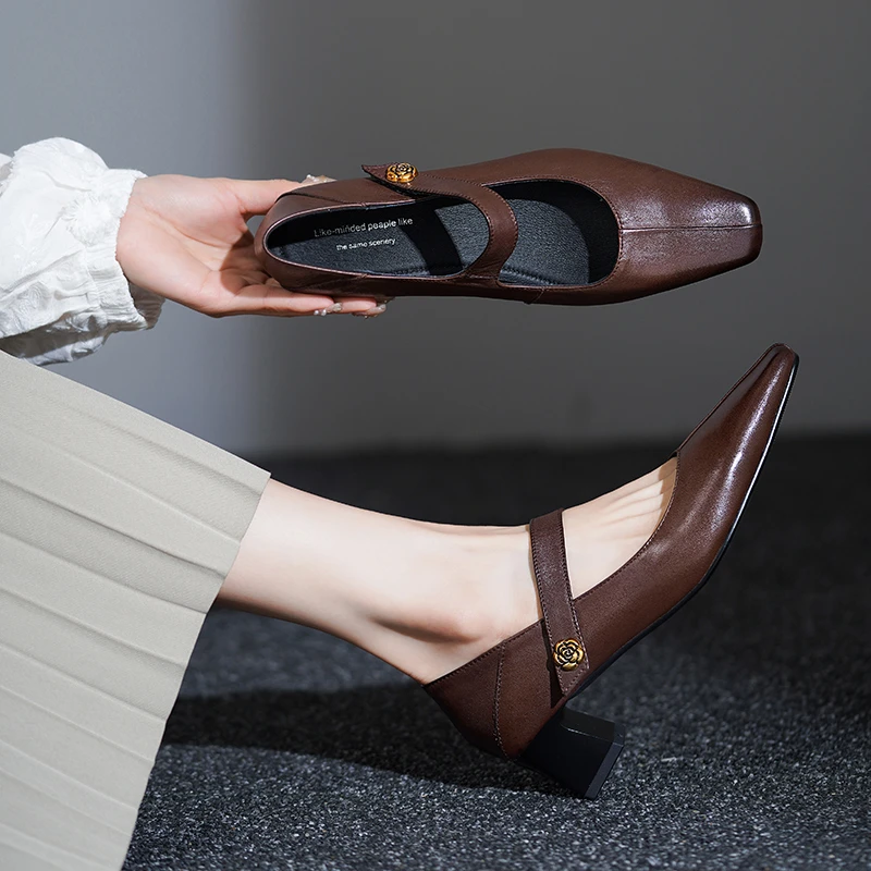 4.5CM头层牛皮方头粗跟一字带单鞋女通勤工作高跟鞋黑色小皮鞋