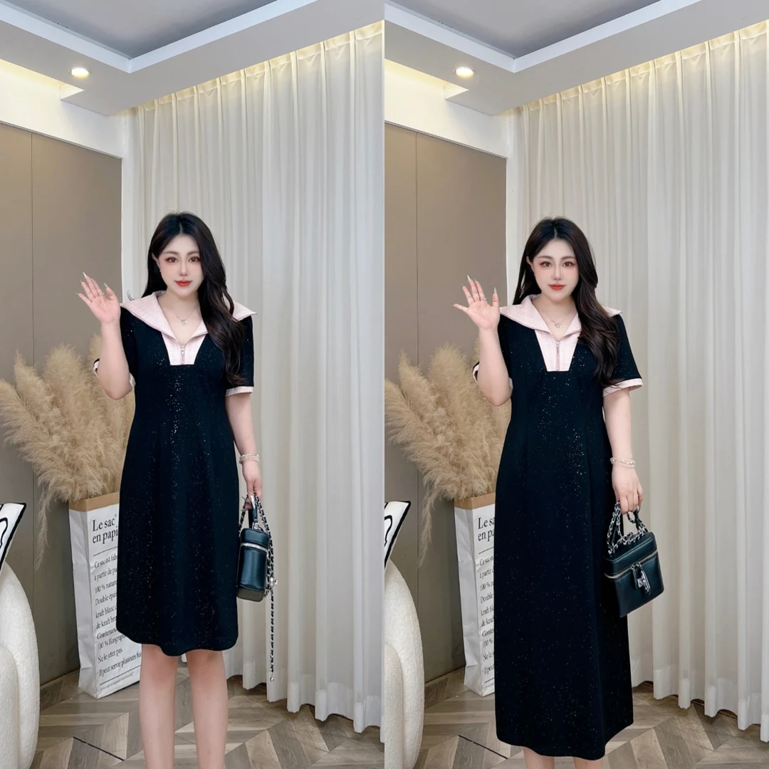 【玲胖胖 鬼马少女】夏季韩版极简风V翻领大码女装连衣裙LPP61744