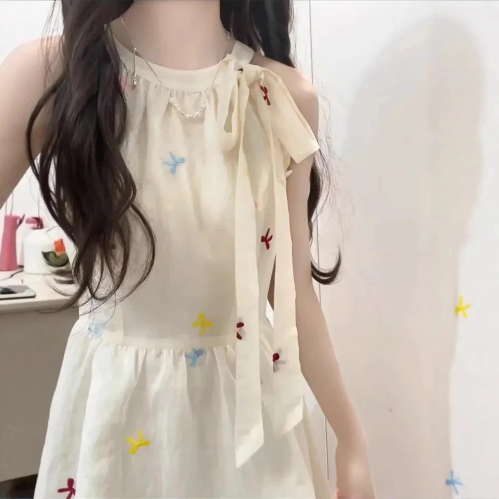 甜美风气质蝴蝶结绑带挂脖吊带连衣裙女超仙收腰显瘦清冷感长裙子