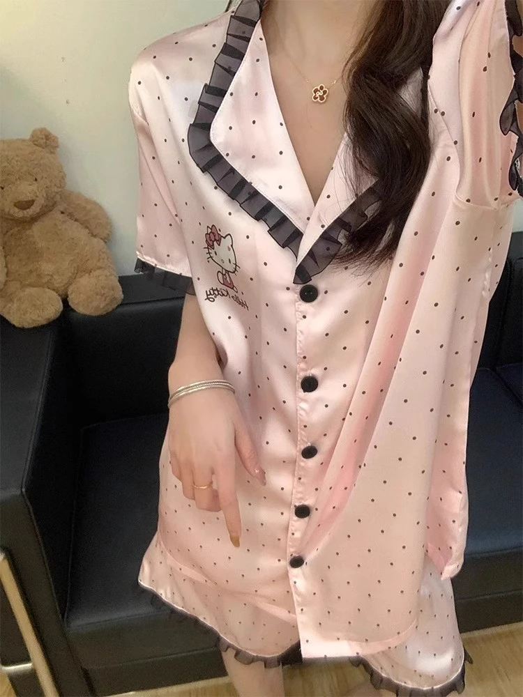 【韩系少女感】蕾丝边冰丝波点睡衣女夏季新款短袖短裤家居服套装