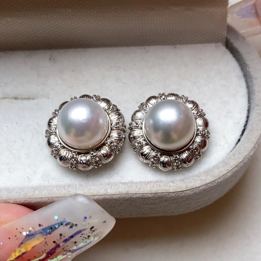 海水珍珠耳饰银S925镶嵌