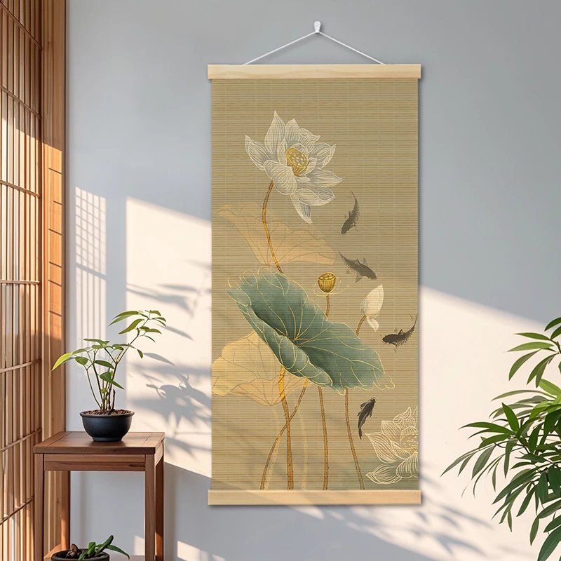 荷花新中式禅意印花茶室竹帘挂画客厅玄关客厅书房定制墙壁装饰画