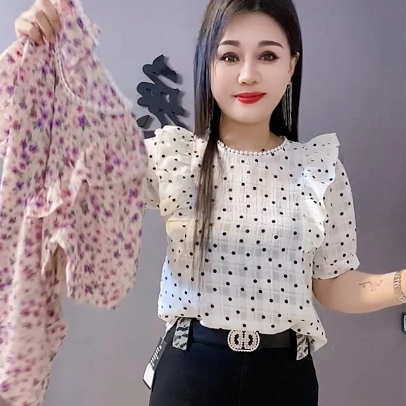 夏季新款波点常规款圆领法式短袖拼接T恤宽松韩版文艺复兴风上衣